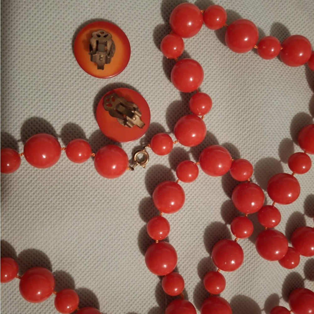 Vintage 60s Red Beaded Necklace and Clip-On Earrings Set